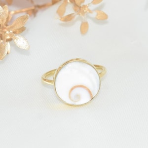Könnte beinhalten: Ein goldener Ring mit einem großen, runden, weißen Muscheleinsatz mit einem Spiraldesign in Beige- und Brauntönen. Das Band des Rings ist ein schlichtes, poliertes Gold. Der Ring ist vor einem weißen Hintergrund platziert.