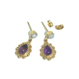 18K Gold Amethyst Filigree Drop Earrings, Natural Gemstone , Handmade Moonstone Accents, February Birthstone Gift for Her, Vintage Jewelry