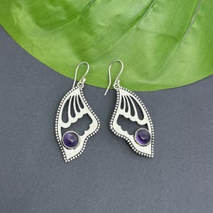Silver Butterfly Wing Earrings with Amethyst Stone, Boho Dangle Earrings, Handmade Statement Jewelry, Nature Inspired Gift for Her