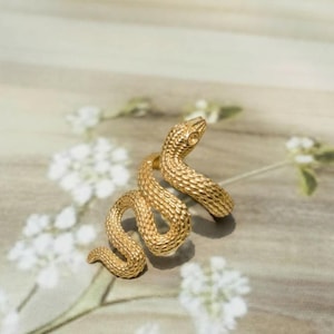 Könnte beinhalten: Ein goldfarbener Ring in Form einer gewundenen Schlange mit einer texturierten, schuppenartigen Oberfläche. Der Schlangenkörper bildet den Ring, mit einem detaillierten Kopf, sichtbaren Augenmerkmalen und einem dünnen Schwanz, der sich krümmt.