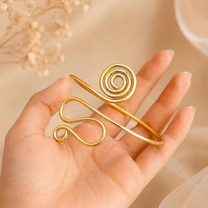 925 Sterling Silver Gold Spiral Arm Cuff Bracelet, Adjustable Upper Arm Bangle, Minimalist Boho Armlet, Handmade Statement Jewelry