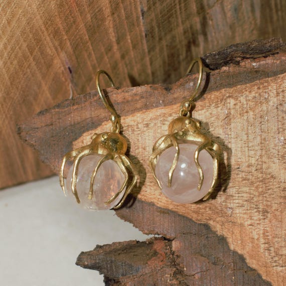 Handmade 18K Gold Octopus Earrings with Rose Quartz Gemstone, A mystical sea monster, thoughtfully designed and handcrafted by my husband