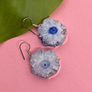 Natural Blue Solar Quartz Earrings, Raw Stalactite Slice Jewelry, Boho Flower Crystal Drops, Sterling Silver Dangle Earrings, Gift for Her
