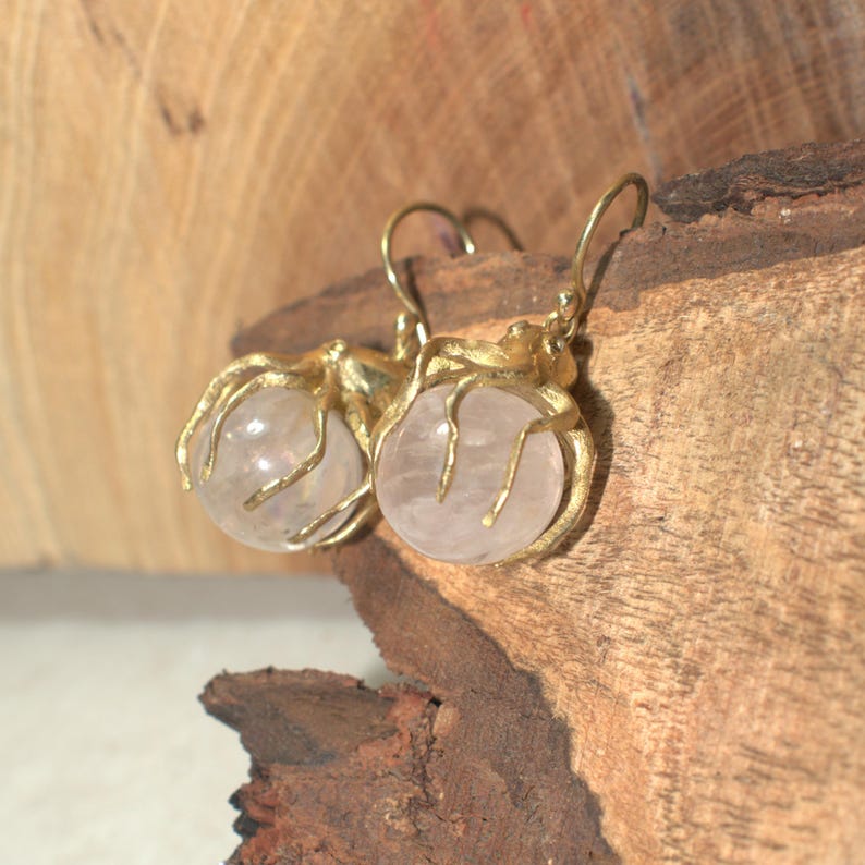 Handmade 18K Gold Octopus Earrings with Rose Quartz Gemstone, A mystical sea monster, thoughtfully designed and handcrafted by my husband image 2