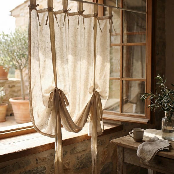 Linen Tie-Up Curtain – Natural Rustic Window Curtain – Boho Kitchen & Living Room Curtain – Multi Purpose Use