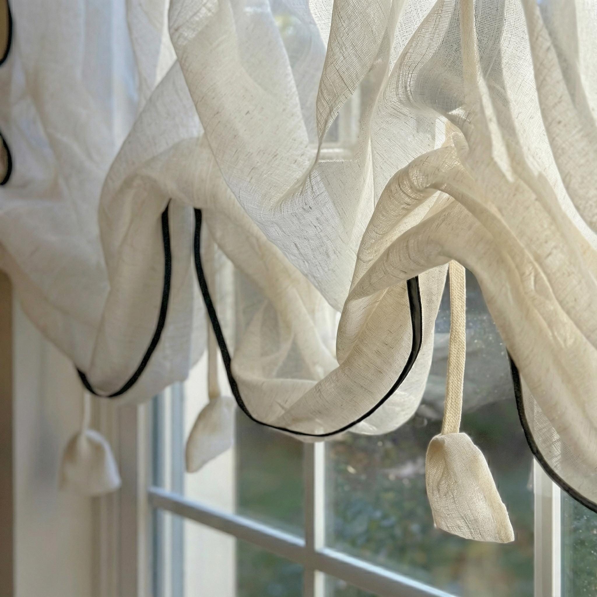 Natural Linen Curtain With Black Trim | Adjustable Drawstring Curtain ...