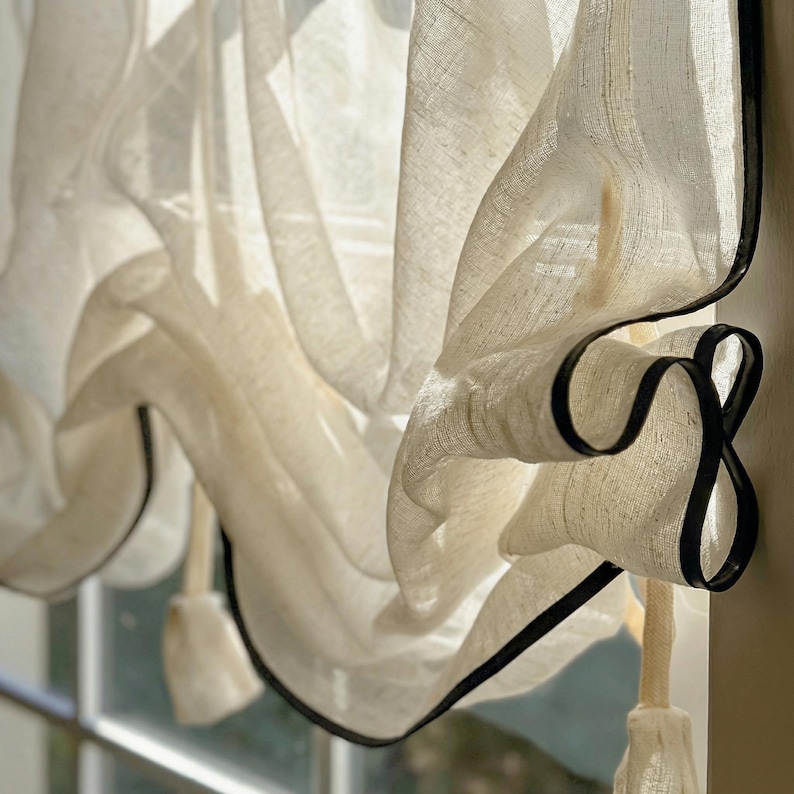 Natural Linen Curtain With Black Trim | Adjustable Drawstring Curtain ...