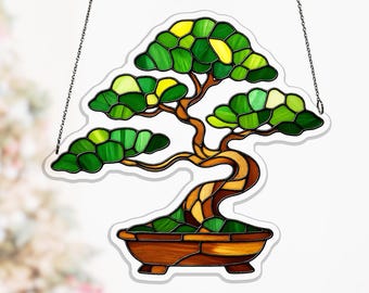 Japanese Juniper Bonsai Acrylic Suncatcher, Emerald Foliage Window Hanging for Office Decor, botanical suncatcher, cloud pruned bonsai