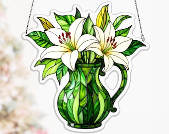 White Lily Above Emerald Jug Acrylic Window Hanging, Hummingbird Suncatcher for Kitchen, green jug suncatcher, flower lover gift
