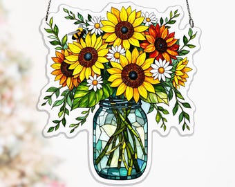 Bee and Daisy Mason Jar Acrylic Suncatcher, Bright Floral Window Hanging for Sunroom, summer window decor, bright floral decor