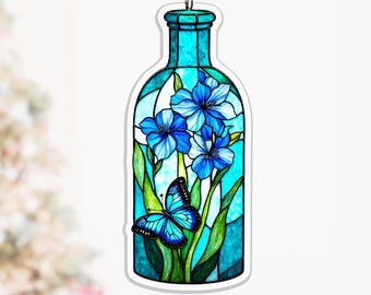 Turquoise Apothecary Bottle Acrylic Sun Catcher, Blue Delphinium Floral Window Decor for Mom, window hanging decor, blue floral decor