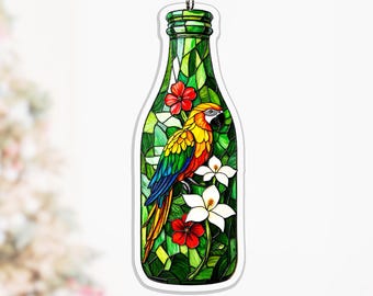 Tropical Bloom Milk Bottle Acrylic Window Hanging, Monstera Macaw Decor for Plant Lovers, botanical hanging, tropical suncatcher