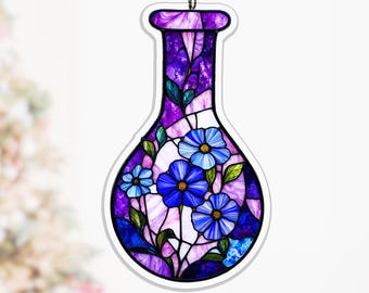 Amethyst Flask Acrylic Suncatcher, Blue Flower Vine Window Decor for Witchy Greenhouse Gift, garden sun catcher, flower lover gift