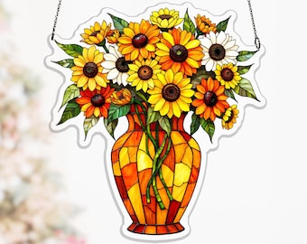 Wildflower Marigold Acrylic Suncatcher, Orange Geometric Vase Gift for Mom Window Decor, sunlit decor, kitchen window, faceted vase