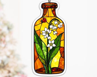 Woodland Morning Lily of the Valley Acrylic Suncatcher, Amber Bottle Hanging Decor Gift, mom gift decor, amber glass look