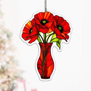 Ruby Poppy Acrylic Suncatcher, Long Neck Vase and Moth Window Hanging for Kitchen or Sunroom, ruby vase hanging, acrylic window hanging
