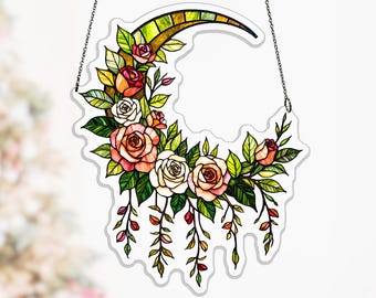 Romantic Pink Rose Crescent Acrylic Suncatcher, Custom Window Ornament For Mom Or Grandma, rose crescent suncatcher, blush floral decor