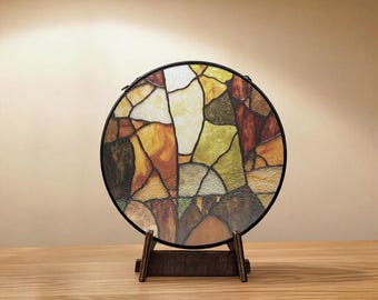 Stained Glass Art, Earth Tones, Dark Walnut Stand, Desk Decor
