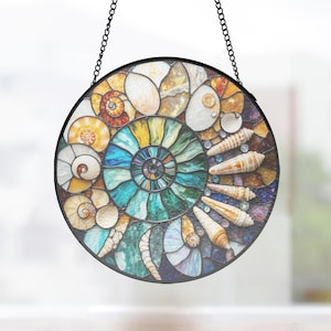 Ammonite Rainbow Stained Glass Suncatcher, Circular Window Hanging Gift for Maritime Collectors, maritime wall decor