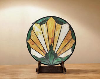 Art Deco Sunburst Stained Glass Art, Espresso Wood Stand