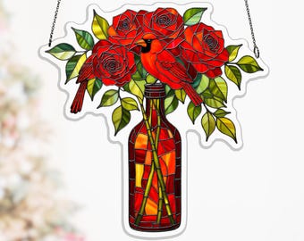Vintage Wine Bottle Rose Cardinal Acrylic Suncatcher, Ruby Window Decor for Mothers Day, cardinal gift idea, romantic window decor