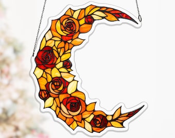 Warm Sunset Rose Crescent Acrylic Suncatcher, Botanical Window Hanging Mothers Day Decor, window hanging decor, crescent ornament