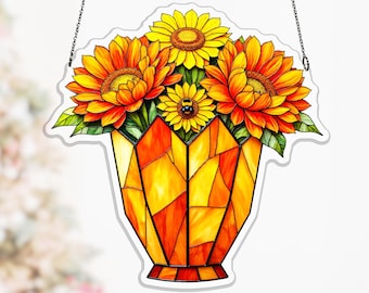 Warm Orange Marigold Bee Acrylic Suncatcher, Geometric Vase Decor for Kitchen Window, orange vase art, botanical window decor