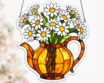 White Daisy Amber Teapot Acrylic Suncatcher, Floral Bee Window Decor for Mom or Grandma Gift, vintage tea decor, tea party decor