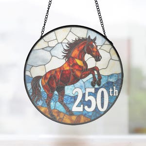Western Mustang Window Hanging, Round Stained Glass Ornament, Patriotic 250th Ranch House Decor, patriotic window hanging