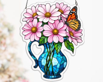 Coastal Flower Pitcher Acrylic Suncatcher, Ocean Blue Window Hanging Gift for Mom, botanical window decor, monarch butterfly
