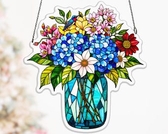 Hydrangea Wildflower Jar Acrylic Suncatcher, Turquoise Window Hanging for Sunroom Decor, window hanging decor, acrylic window hanging