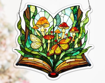 Luna Moth Book Mushroom Acrylic Suncatcher, Whimsical Gift for Book Lover and Plant Mom, botanical window hanging, mystical book art