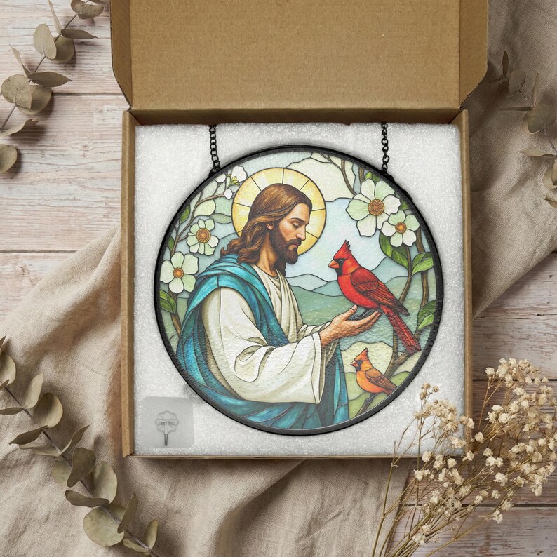 Botanical Jesus Cardinal Round Stained Glass Suncatcher Christian ...