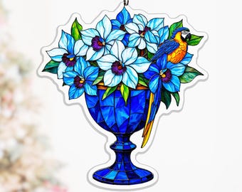 Rainforest Orchid Parrot Acrylic Window Decor, Colorful Sun Catcher for Bird Lovers, exotic orchid decor, bird lover gift