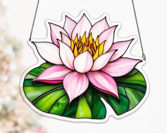 Floating Water Lily Acrylic Hanging Decor, Pink Lotus Pad Suncatcher Gift for Mom and Grandma, water lily decor, nature window decor