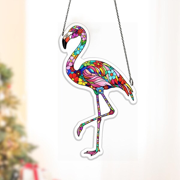 Flamingo Sun Catcher Window Hanging, Colorful Faux Stained Glass Acrylic Light Catcher Décor