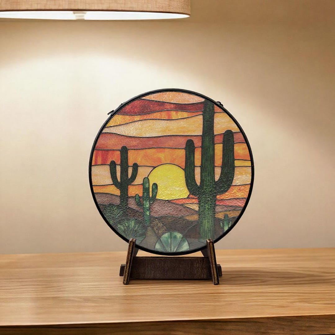 Stained Glass Desert Cactus Sunset Art, Rustic Wood Base - Etsy