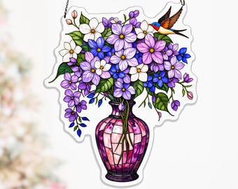 Vintage Perfume Bottle Acrylic Window Hanging, Purple Wisteria Bouquet and Swallow Decor, acrylic suncatcher, jasmine orchid decor