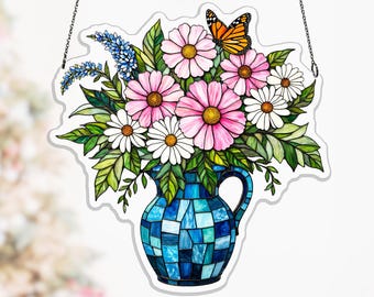 Wild Bloom Floral Crown Pitcher Acrylic Suncatcher, Coastal Window Hanging for Sunroom, window hanging decor, sunroom window art