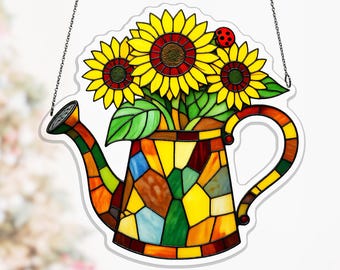 Garden Fairy Watering Can Acrylic Suncatcher, Bright Sunflower Bouquet Gift for Mom, country cottage decor, wildflower window art