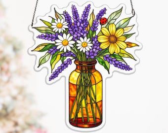Lavender Chamomile Bottle Acrylic Suncatcher, Pastoral Sun Catcher for Sunroom and Garden Room, ladybug flower decor, meadow flower decor