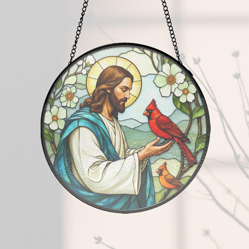 Botanical Jesus Cardinal Round Stained Glass Suncatcher Christian ...
