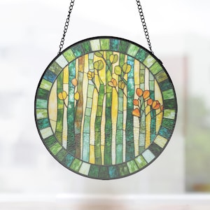 Rainbow Eucalyptus Green Painted Glass Hanging, Round Bark Stripe Window Ornament for Housewarming, painted glass suncatcher
