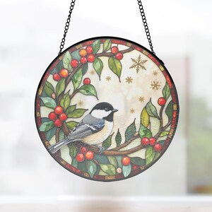 Black Capped Chickadee Stained Glass Panel, Black Frame Window Hanging, Maine Bird Lover Gift, Maine Chickadee Art, Round Glass Ornament