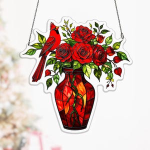 Vase rubis vintage attrape-soleil en acrylique, rose foncé en fleurs avec oiseau cardinal, décoration de fenêtre de mauvaise humeur pour la maison, décoration rouge foncé