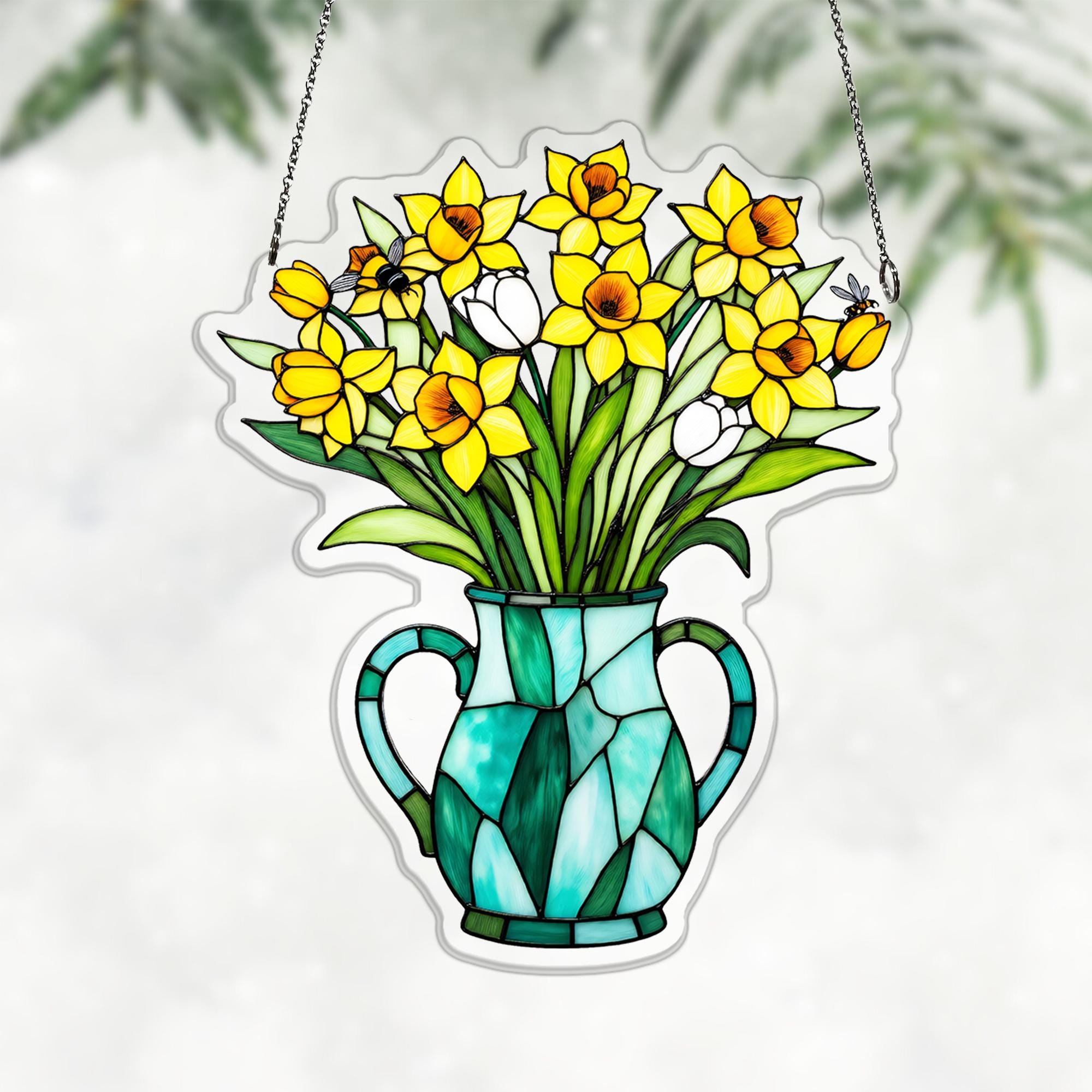 Daffodil Tulip Bee Acrylic Suncatcher, Turquoise Coffee Pot Window