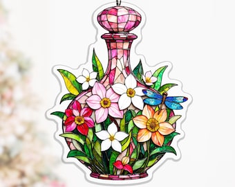 Tropical Perfume Bottle Acrylic Suncatcher, Rose Pink Orchid Bloom for Sunroom Window Decor, mosaic floral decor, window hanging decor