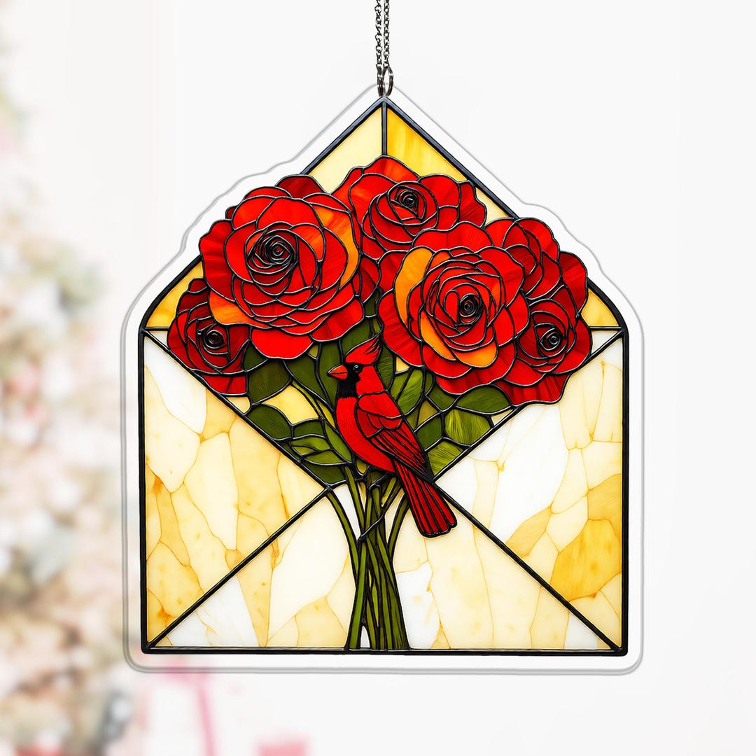 Cardinal on Rose Bouquet Acrylic Suncatcher, Envelope Window Decor for ...