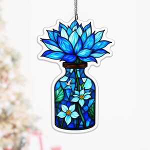 Blooming Lotus Bird Acrylic Suncatcher, Blue Potion Bottle Decor for Boho Sunroom Window, gift for mom, blue lotus suncatcher