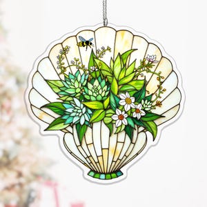 Succulent Seashell Acrylic Suncatcher, Air Plant Window Hanging Decor for Beach House, shell vase art, acrylic window hanging